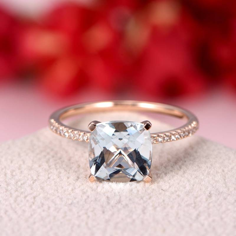 Rose Gold Aquamarin Verlobungsring Kissen Geschnitten Hochzeit Diamant Antike März Birthstone Jahrestagsgeschenk Für Ihr Versprechen Ringe Set 14K von AUjewelAU