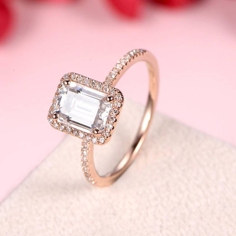Smaragd Geschnitten Moissanite Ring Rose Gold Diamant Halo Verlobungsring Frauen Hochzeit Braut Jahrestag Set Versprechen Ringe Ewigkeit Band von AUjewelAU