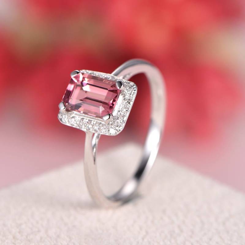 Smaragd Geschnitten Rosa Turmalin Verlobung Weiß Gold Diamant Halo Antike Hochzeit Ring Set Frauen Braut Jahrestag Geschenk Versprechen Plain Band von AUjewelAU