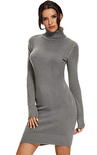 AVACOO Damen Kleider Strick Pulloverkleid Elegant Strickkleid Rollkragen Langarm Midikleid 2025 Grau L 40 von AVACOO
