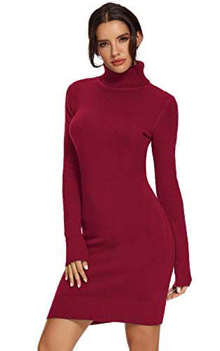 AVACOO Damen Kleider Strick Pulloverkleid Elegant Strickkleid Rollkragen Langarm Midikleid 2025 Weinrot M 38 von AVACOO