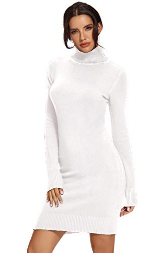 AVACOO Damen Kleider Strick Pulloverkleid Elegant Strickkleid Rollkragen Langarm Midikleid 2025 Weiß M 38 von AVACOO