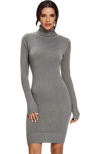 AVACOO Damen Kleider Strick Pulloverkleid Elegant Strickkleid Rollkragen Langarm Tunika Kleid Midikleid Grau M 38 von AVACOO
