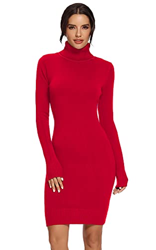 AVACOO Damen Kleider Strick Pulloverkleid Elegant Strickkleid Rollkragen Langarm Tunika Kleid Midikleid Rot XXL 44 von AVACOO