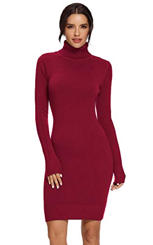 AVACOO Damen Kleider Strick Pulloverkleid Elegant Strickkleid Rollkragen Langarm Tunika Kleid Midikleid Weinrot XXL 44 von AVACOO