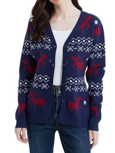 AVACOO Damen Strickjacke Weihnachten Cardigan Rentier Weihnachtspullover Lustig Kuschelig Langarm Feinstrickjacke L von AVACOO