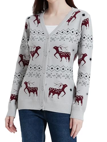 AVACOO Damen Strickjacke Weihnachten Cardigan Rentier Weihnachtspullover Lustig Kuschelig Langarm Feinstrickjacke L von AVACOO