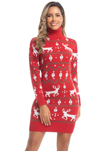 AVACOO Damen Weihnachtskleider Strick Pulloverkleid Strickkleid Rollkragen Langarm Weihnachten Midikleid Rot XL 42 von AVACOO