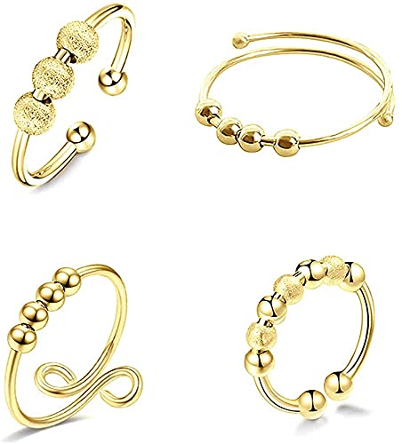 AVASAGS 4 Stück Fidget Angst Ringe für Damen, Spinner Band Ringe Zappeln Friedensringe Anxiety Ring Dünne Offene Feste Ringe Verstellbare Stapelbare Ringe (Gold) von AVASAGS