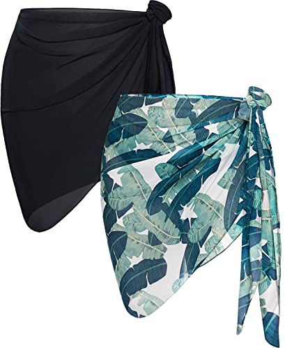 AVAYUU 2 Stück Damen Strand Wrap Sarong Vertuschung Chiffon Badeanzug Kurz Bikini Cover up Wickelröcke Leopard Blätter Kokospalme Sexy Pareos Strandtuch Strandkleid Tücher Sommer von AVAYUU