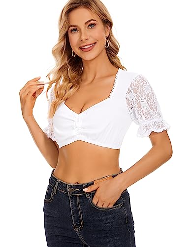 AVAYUU Damen Dirndlbluse Spitze Elegante Trachtenmode Dirndl Bluse Weiß Kurzarm Baumwolle Trachten Bluse mit Schnürung Wiesnherz S-3XL von AVAYUU