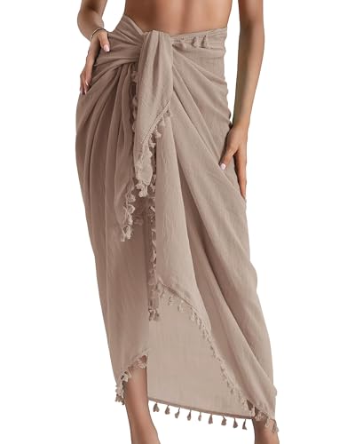 AVAYUU Damen Sarong Pareo Strand Wickelrock Lang Strandkleid Tücher Sexy Bikini Vertuschen Sommer Badeanzug Cover up Strandtuch Vertuschung Wrap TapisserieWickeltuch mit Quaste Khaki von AVAYUU