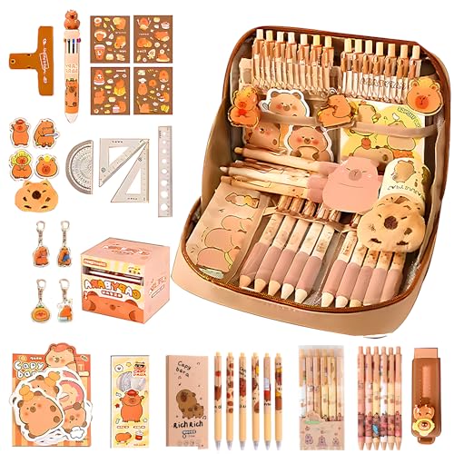 AVCXEC Capybara Federmäppchen, Große Kapazität Capybara Schreibwaren Set mit Capybara Stiften, Clips, Linealen, Schlüsselanhänger und Aufkleber Niedlichen Capybara Mäppchen für Junge und Mädchen von AVCXEC