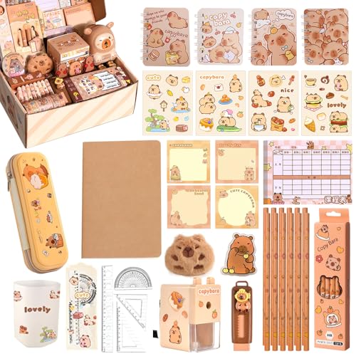 AVCXEC Capybara Schreibwaren Set, Große Kapazität Capybara Sachen Geschenkbox mit Capybara Federmäppchen, Stiften, Clips, Linealen, Aufkleber, Bleistiftspitzer Capybara Mäppchen für Junge und Mädchen von AVCXEC