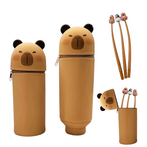 AVCXEC Kawaii Federmäppchen, 2 in 1 Silikon Federmäppchen mit Gelschreiber Teleskopisch Unisex Kapazität Mäppchen Stand Up Mäppchen Cartoon Bleistifthalter mit Reißverschluss für Jungen und Mädchen von AVCXEC