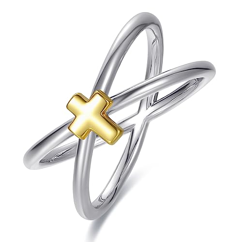 AVECON 10mm Breit Silber Ring für Frauen Herren Crisscross X und Kreuz 14 Karat Gold Plattiert, Größe 57/18.1 von AVECON