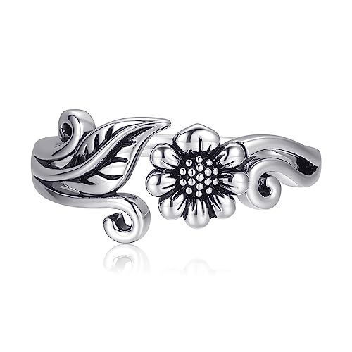 AVECON Gänseblümchen Ring Damen Silber Verstellbarer Ring, Romantisches Modeschmuck Blume-Blatt Ringe Versprechen Ring für Frauen Geburtstag Geschenk Größe 49.3(15.7) - 60(19.1) von AVECON