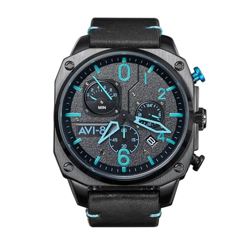 AVI-8 Herren 45mm Hawker Hunter Retrograde Chronograph Blue Diamond Japanische Quarz-Fliegeruhr mit Lederarmband AV-4052-05 von AVI-8