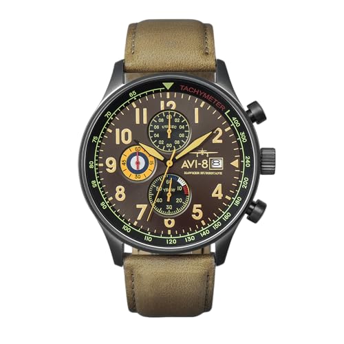 AVI-8 Herren 42mm Hawker Hurricane Classic Chronograph Dark Earth Japanische Quarz-Fliegeruhr mit Lederarmband AV-4011-0E von AVI-8