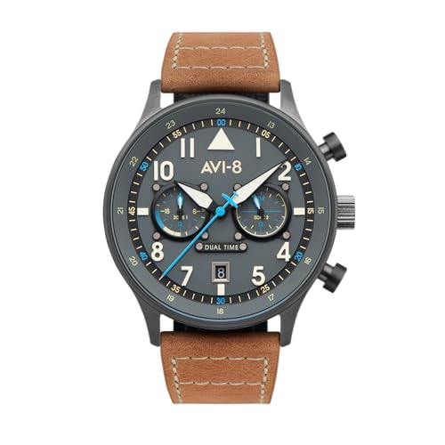 AVI-8 Herren 43.5mm Hawker Hurricane Carey Dual Time Orissa Japanische Quarz-Fliegeruhr mit Lederarmband AV-4088-04 von AVI-8