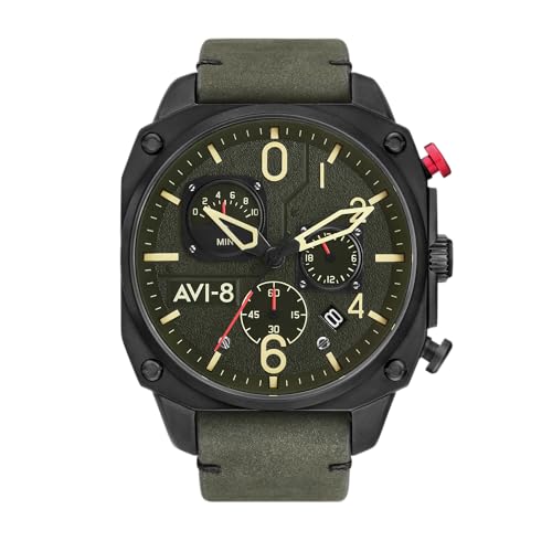 AVI-8 Herren 45mm Hawker Hunter Retrograde Chronograph Deep Green Black Japanische Quarz-Fliegeruhr mit Lederarmband AV-4052-08 von AVI-8
