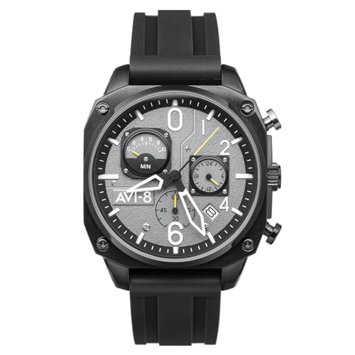 AVI-8 Herren 45mm Hawker Hunter Retrograde Chronograph Tactical Black Japanische Quarz Fliegeruhr mit Kautschukband AV-4052-R1 von AVI-8