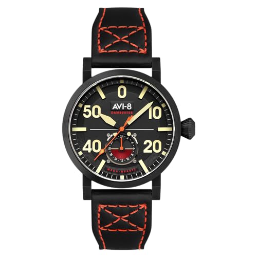 AVI-8 Herren-Armbanduhr 43 mm Dambuster Chadwick Meca-Quarz mit Lederband AV-4113, Kohleschwarz, Armband von AVI-8