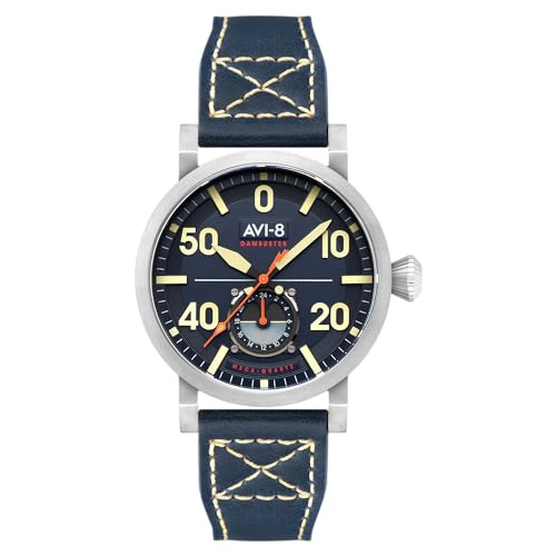 AVI-8 Herren-Armbanduhr 43 mm Dambuster Chadwick Meca-Quarz mit Lederband AV-4113, kobaltblau, Armband von AVI-8