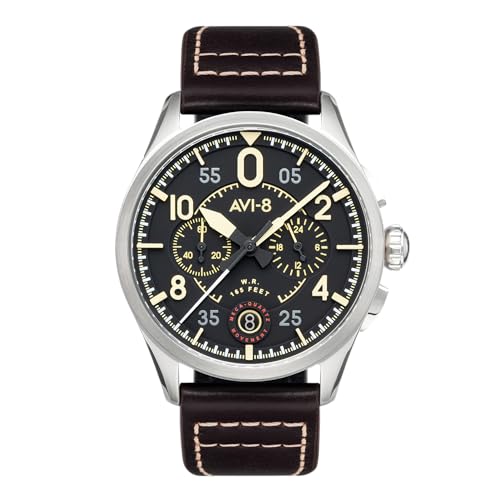 AVI-8 Herren 42mm Spitfire Lock Chronograph Midnight Oak Japanische Quarz-Fliegeruhr mit Lederarmband AV-4089-01 von AVI-8