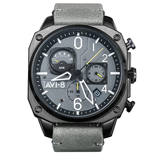 AVI-8 Herren 45mm Hawker Hunter Retrograde Chronograph Sea Gray Japanische Quarz-Fliegeruhr mit Lederarmband AV-4052-03 von AVI-8
