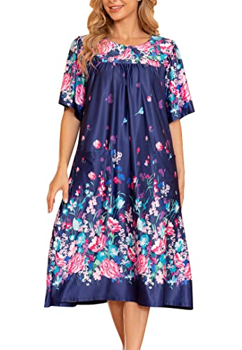 AVIIER Hauskleid Damen Kurzarm Mumu Lounge Kleider Terrasse Nachthemden mit Taschen S-XXL, Marineblau, Large von AVIIER