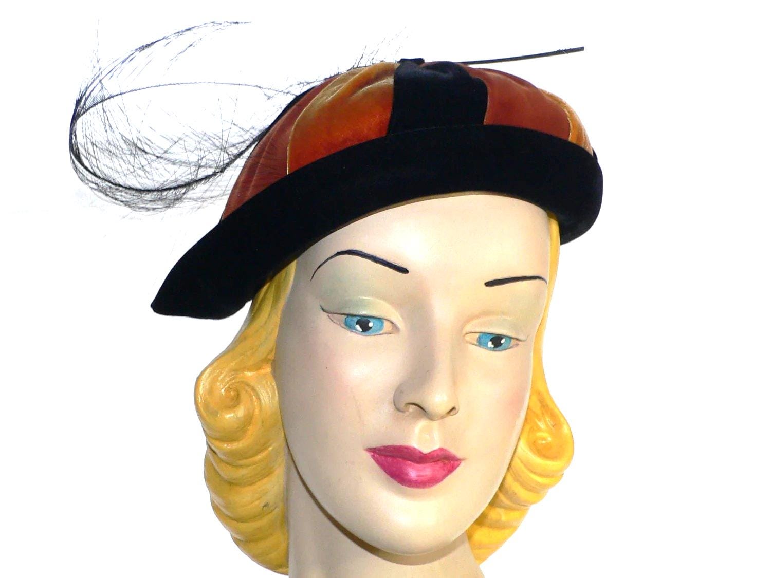 Vintage 1950S Mr Stanley Schwarz Rost Samt Hut Mit Federbesatz von AVIVB