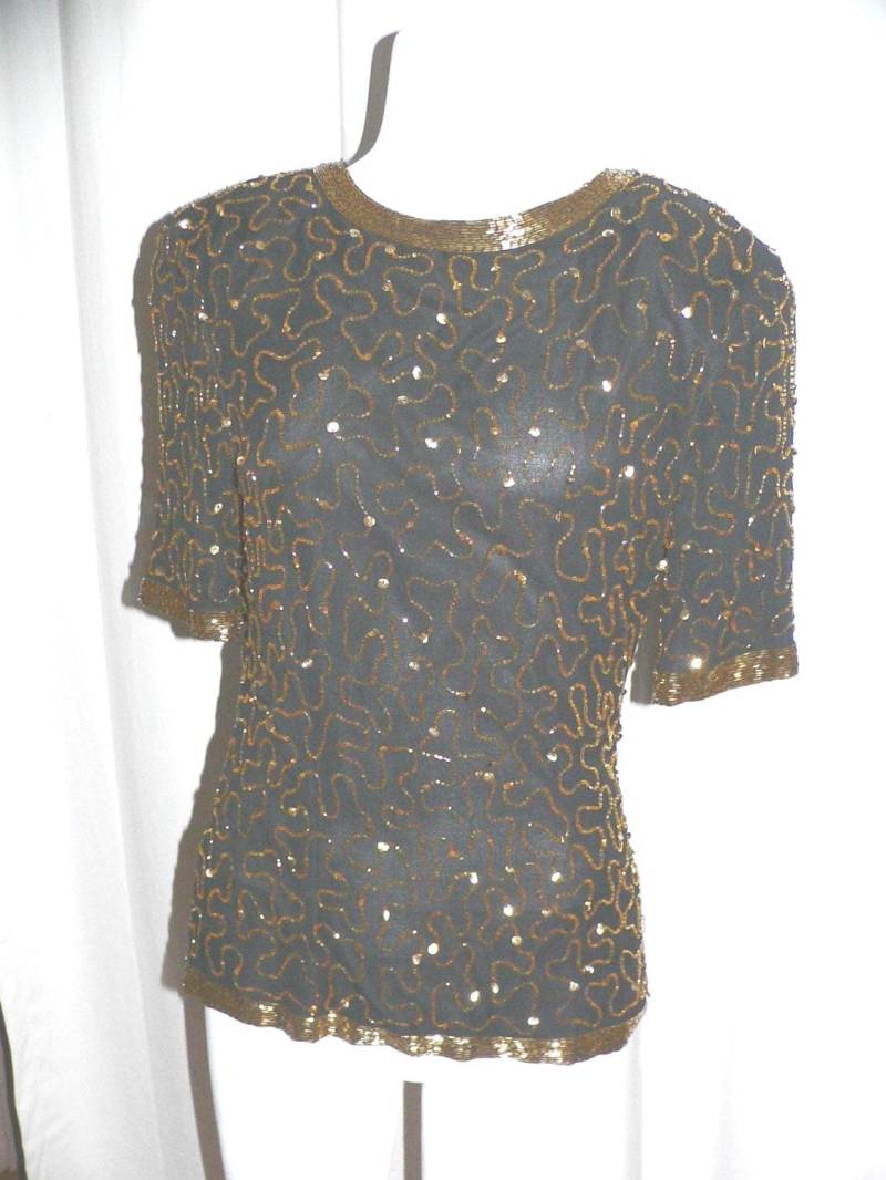 Vintage 1980Er Stenay Seidenbluse Mit Bernstein Und Gold Pailletten Perlen von AVIVB