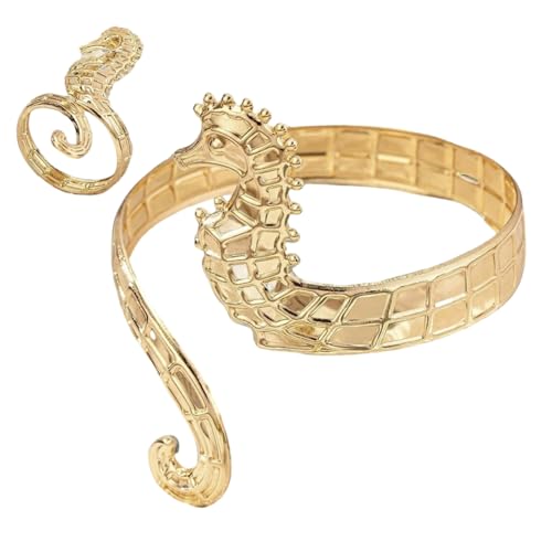 AVKGCZ Stylish Gold Seehorse Armreifen Und Fingerringe Verstellbare Offene Manschette Trendy Accessoires Elegantes Handgelenk Accessoire Für Party Alltags Wear Armband Und von AVKGCZ