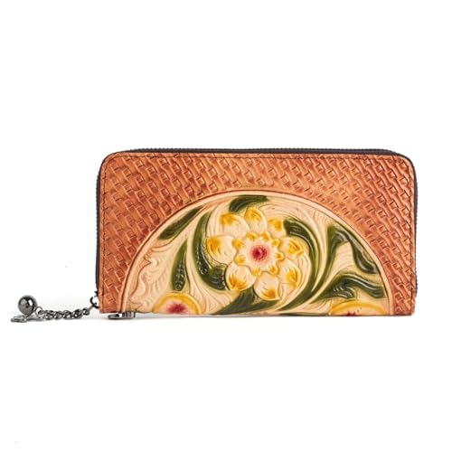 AVLUZ Echtleder-Geldbörsen for Damen, Lange Wristlet-Clutch-Geldbörse, handgefertigtes Kreditkartenetui mit Vintage-Prägung (Color : A) von AVLUZ