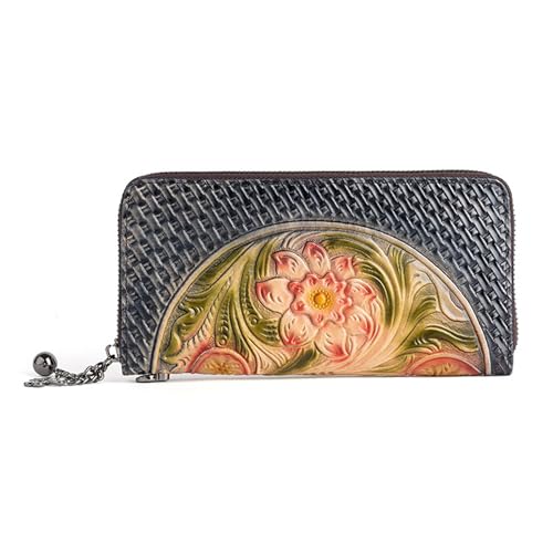 AVLUZ Echtleder-Geldbörsen for Damen, Lange Wristlet-Clutch-Geldbörse, handgefertigtes Kreditkartenetui mit Vintage-Prägung (Color : C) von AVLUZ