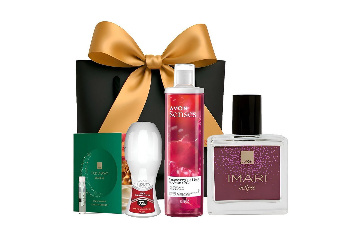 AVON Cosmetics Eau de Parfum Duft-Set Imari Eclipse 30 ml, Raspberry Duschgel 250 ml, 5-tlg., OnDuty Women Active Deoroller 48 h + Duftprobe & edler Geschenkbeutel von AVON Cosmetics