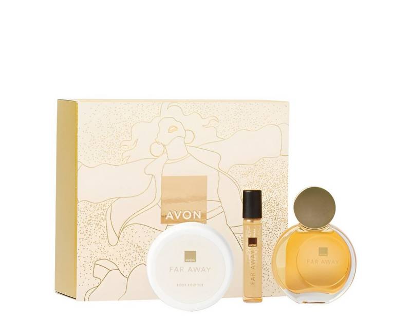 AVON Cosmetics Eau de Parfum Far Away 50ml Geschenkset, Taschenspray, Körpermousse für Damen, 3-tlg., Limitierte Edition mit verführerischen orientalischen Noten von AVON Cosmetics