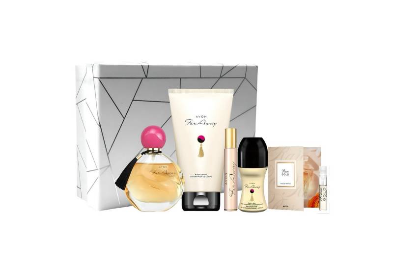 AVON Cosmetics Eau de Parfum Far Away BOX 50ml Taschenspray 10ml Körperlotion 125ml Deoroller 50ml, 6-tlg., Geschenkset, Orientalische Komposition, Geschenkbox, Duftprobe. von AVON Cosmetics