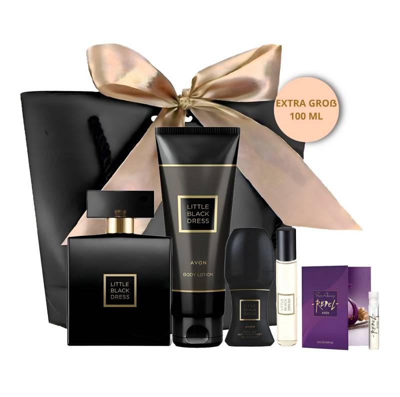 AVON Cosmetics Eau de Parfum LITTLE BLACK DRESS 100ml Taschenspray Körpercreme Deoroller Geschenk, 6-tlg., Zeitlose Eleganz, Exquisite Duftkomposition, Duftklassiker von AVON Cosmetics