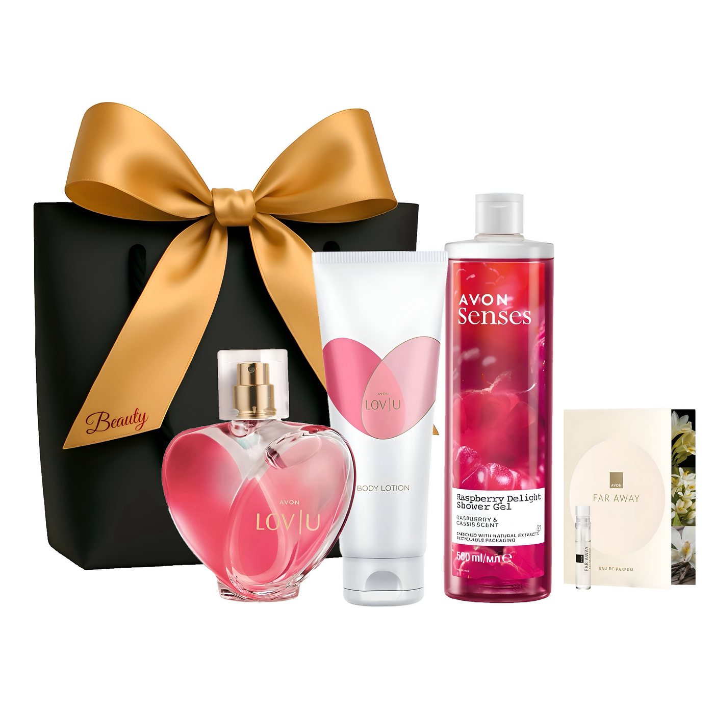 AVON Cosmetics Eau de Parfum Lov U Spray 50 ml Body Lotion Raspberry Duschgel 500 ml, 5-tlg., Zarter Duft mit Himbeere und Rosenholz von AVON Cosmetics