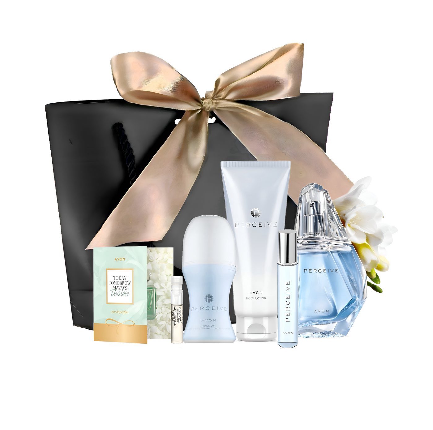 AVON Cosmetics Eau de Parfum PERCEIVE Taschenspray, Körperlotion, Duft-​Set Geschenktasche für Sie, 5-tlg., Hochwertige Inhaltsstoffe, Geschenk, Duft von AVON Cosmetics