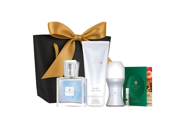 AVON Cosmetics Eau de Parfum Perceive 30 ml + Bodylotion + Deoroller + Duftprobe Geschenkbeutel, 5-tlg., Schwarz mit goldener Schleife AVON Cosmetics Eau de Parfum Perceive 30 ml + Bodylotion + Deoroller + Duftprobe Geschenkbeutel, 5-tlg., Schwarz mit goldener Schleife von AVON Cosmetics