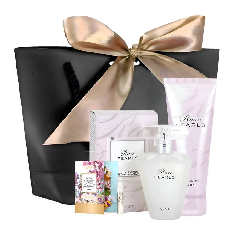 AVON Cosmetics Eau de Parfum Rare Pearls Spray 50ml Body Lotion 125ml Noten Magnolie Rosenholz, 4-tlg., Damenduft Parfüm Set Frauen Duft, Langanhaltend Geschenkset von AVON Cosmetics
