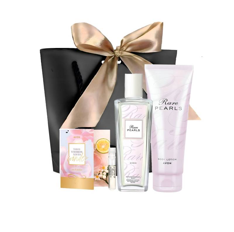 AVON Cosmetics Eau de Parfum Rare Pearls Spray 50ml Body Lotion 125ml Noten Magnolie Rosenholz, 4-tlg., Damenduft Parfüm Set Frauen Duft, Langanhaltend Geschenkset von AVON Cosmetics