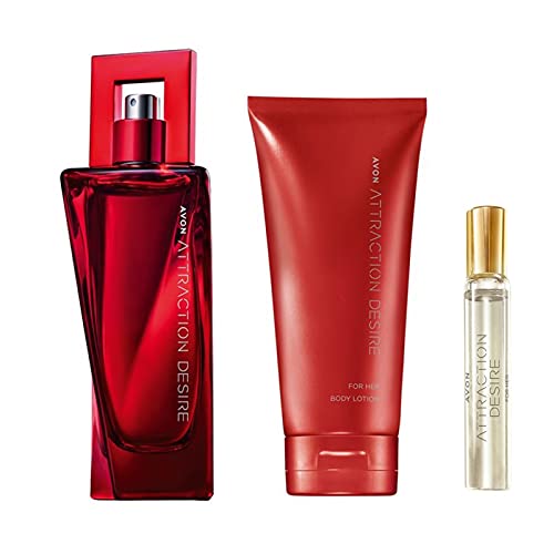 AVON 3er Set Attraction Desire Eau de Parfum Spray 50ml, Taschenspray 10ml, Bodylotion 150ml neuer Attraction Duft für Sie von Avon