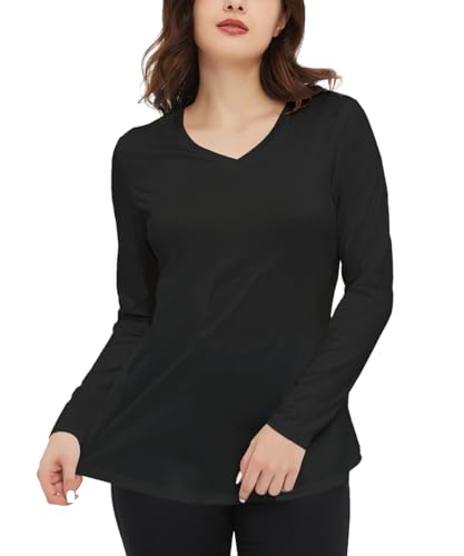 AVOZAL Damen Langarmshirt Tunika Langarm V Ausschnitt Oberteil Shirts Basic Casual Longshirt Elegant Top Longsleeve T-Shirt(L，Schwarz) von AVOZAL