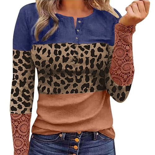 AVOZAL Damen Langarmshirt V Ausschnitt Spitze Henley Shirt Knöpfe Langarm Pullover Oberteile Tunika Bluse Tops(L，Blau bis Braun) von AVOZAL