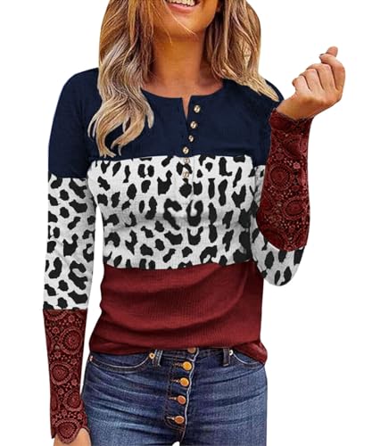 AVOZAL Damen Langarmshirt V Ausschnitt Spitze Henley Shirt Knöpfe Langarm Pullover Oberteile Tunika Bluse Tops(XXL，Schwarz bis Rot) von AVOZAL