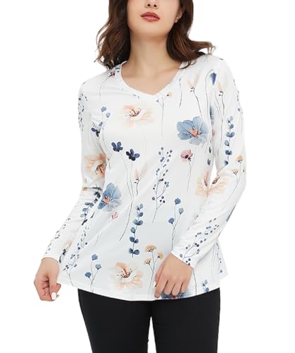 AVOZAL Damen Langarmshirt Tunika Langarm V Ausschnitt Oberteil Shirts Basic Casual Longshirt Elegant Top Longsleeve T-Shirt(M，Blumen Weiß) von AVOZAL